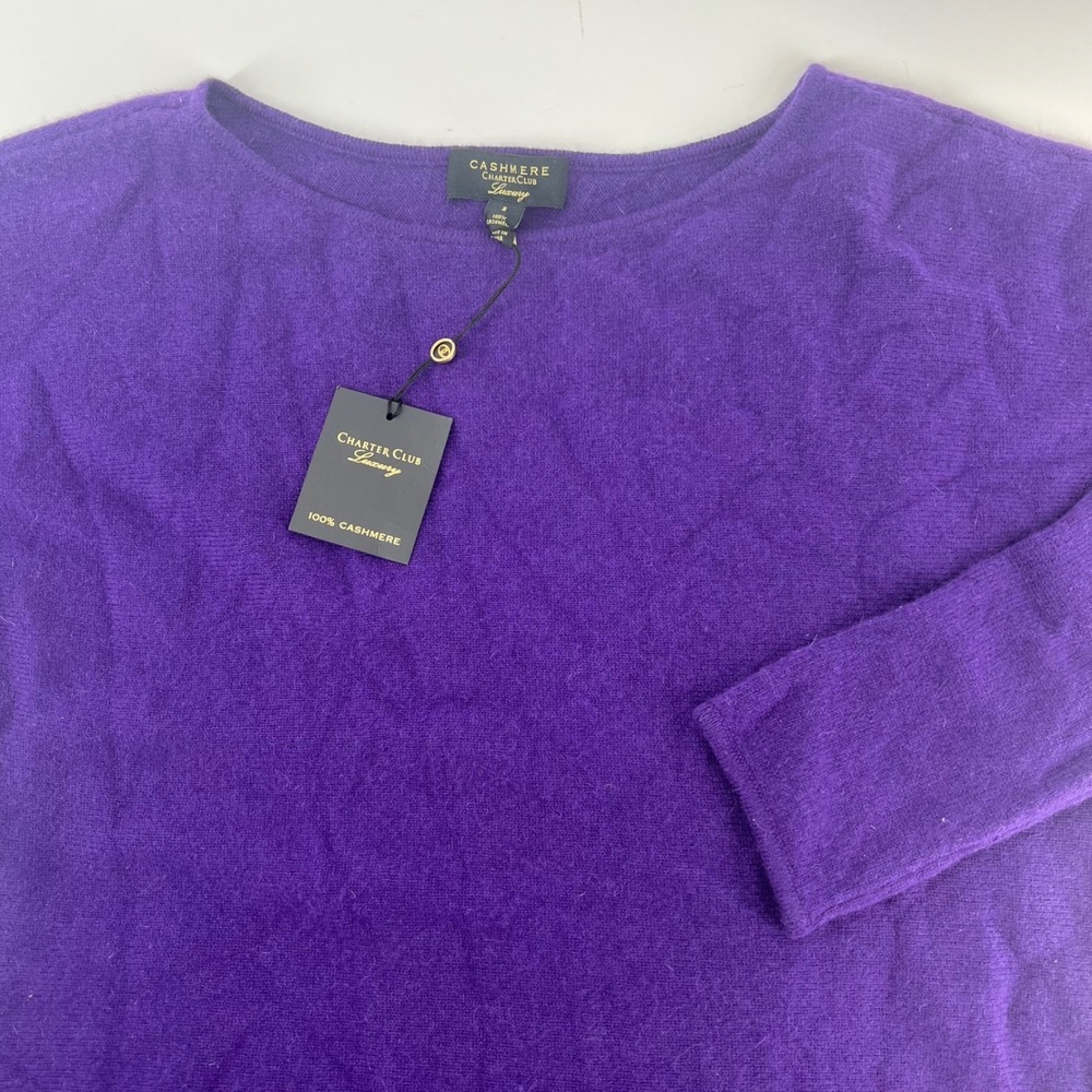 NWT Charter Club Luxury 100% Cashmere Sweater Purple Small Boat Neck Curved Hem - Picture 3 of 11